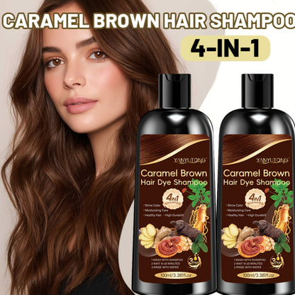 Caramel Brown Hair Dye Shampoo 4-in-1 with Ginseng, Reishi Mushroom & Ginger Extract - Instant Color, Shine, Volume & Smoothness, 3.38oz x 2 Bottles