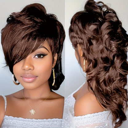 Pixie Cut Mullet Wig with Bangs for Women Curly Wave Synthetic Short Hair Wig 150% Density Rose Net Cap Heat Resistant Fiber Natural Realistic Look Low Maintenance