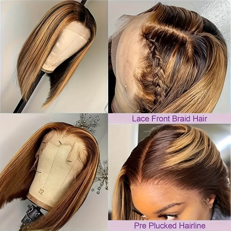 Big Toupee High Highlights Glue Free Live Hair Short Bob Wig 5x1 Live Lace Forehead Wig P4/27 180% Density Pre-painted Straight Bob Wig Wear And Go