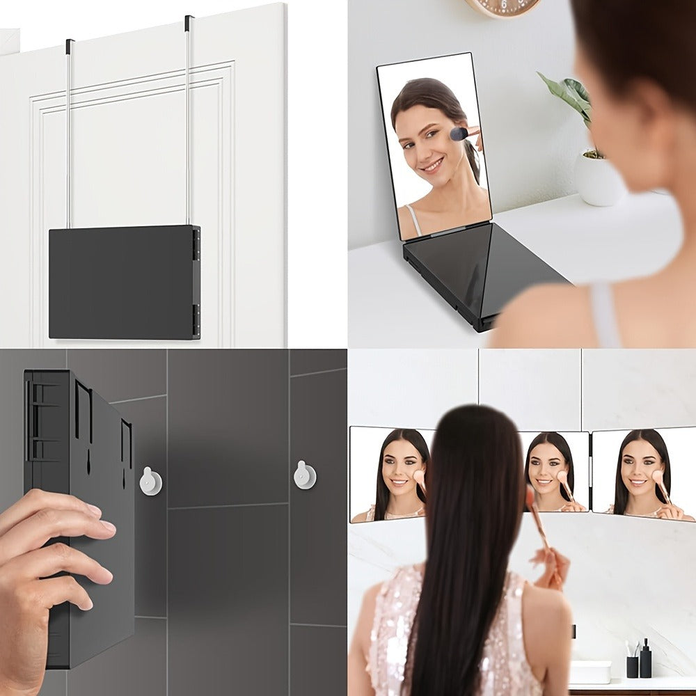BANBERS Folding Three-Sided Mirror, Three-Way Mirror for Haircutting, with Height-Adjustable Telescopic Hook, Two Fixing Nails, 360° Viewing Angle, Clear Anti-Fog HD Glass. The Three-Way Mirror Can Be Used for Shaving, Makeup, Hairstyling, and Hair