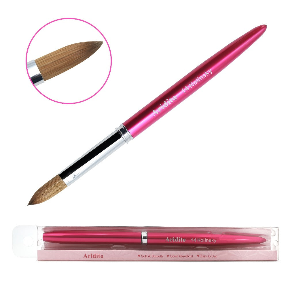 Aridito Professional Acrylic Nail Brush with 100% Kolinsky Hair - Flat Shape, Rose Red Handle & Cap for Manicure and Pedicure (Sizes 8, 10, 12, 14), Nail Art Accessories | Sleek Finish | Kolinsky Hair Bristles