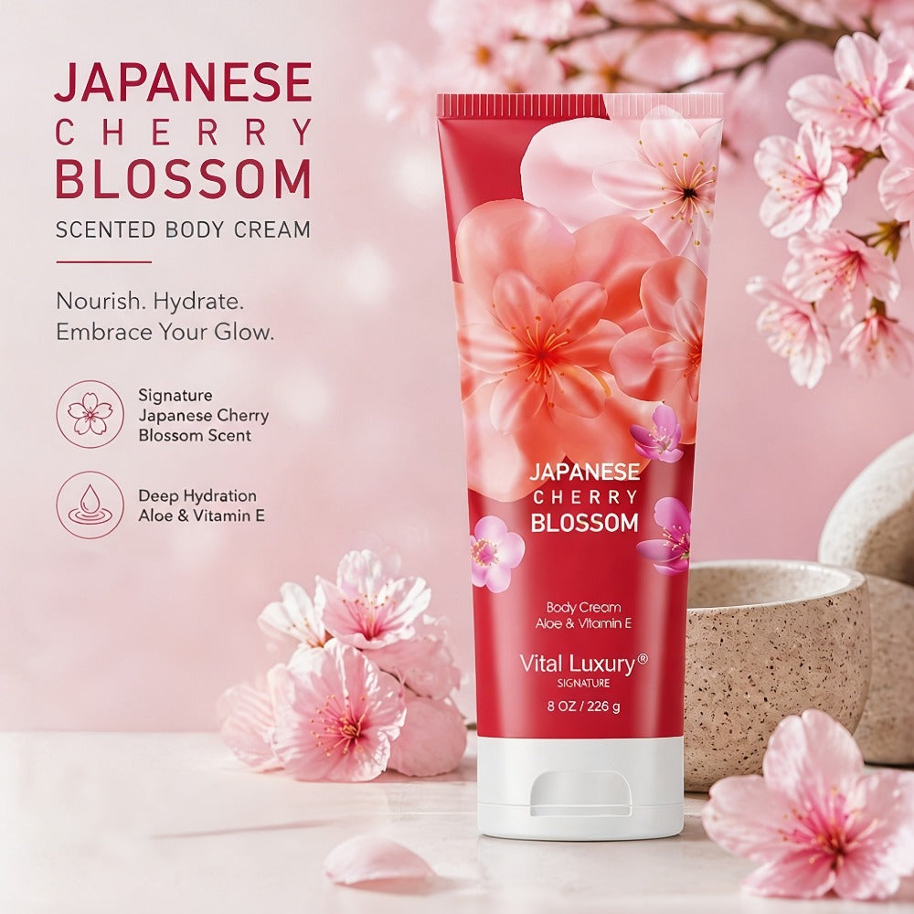 Body Lotion Cherry Blossom Scent | Vitamin E & Glycerin Moisturizing Cream | Non-Sticky 12-Hour Hydration Day & Night Skin Care | Nourishing Body Cream for All Skin Types 8oz