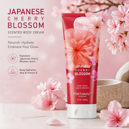 Body Lotion Cherry Blossom Scent | Vitamin E & Glycerin Moisturizing Cream | Non-Sticky 12-Hour Hydration Day & Night Skin Care | Nourishing Body Cream for All Skin Types 8oz