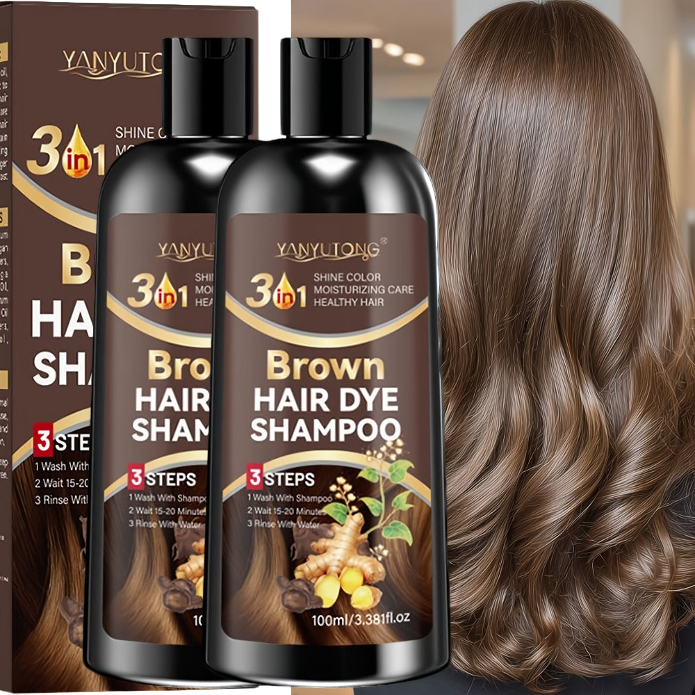 Brown Hair Dye Shampoo 2-Pack 3.38oz — Polygonum Multiflorum & Ginger Extract, Covers Gray Hair, Deep Moisture Anti-Frizz Long-Lasting Color