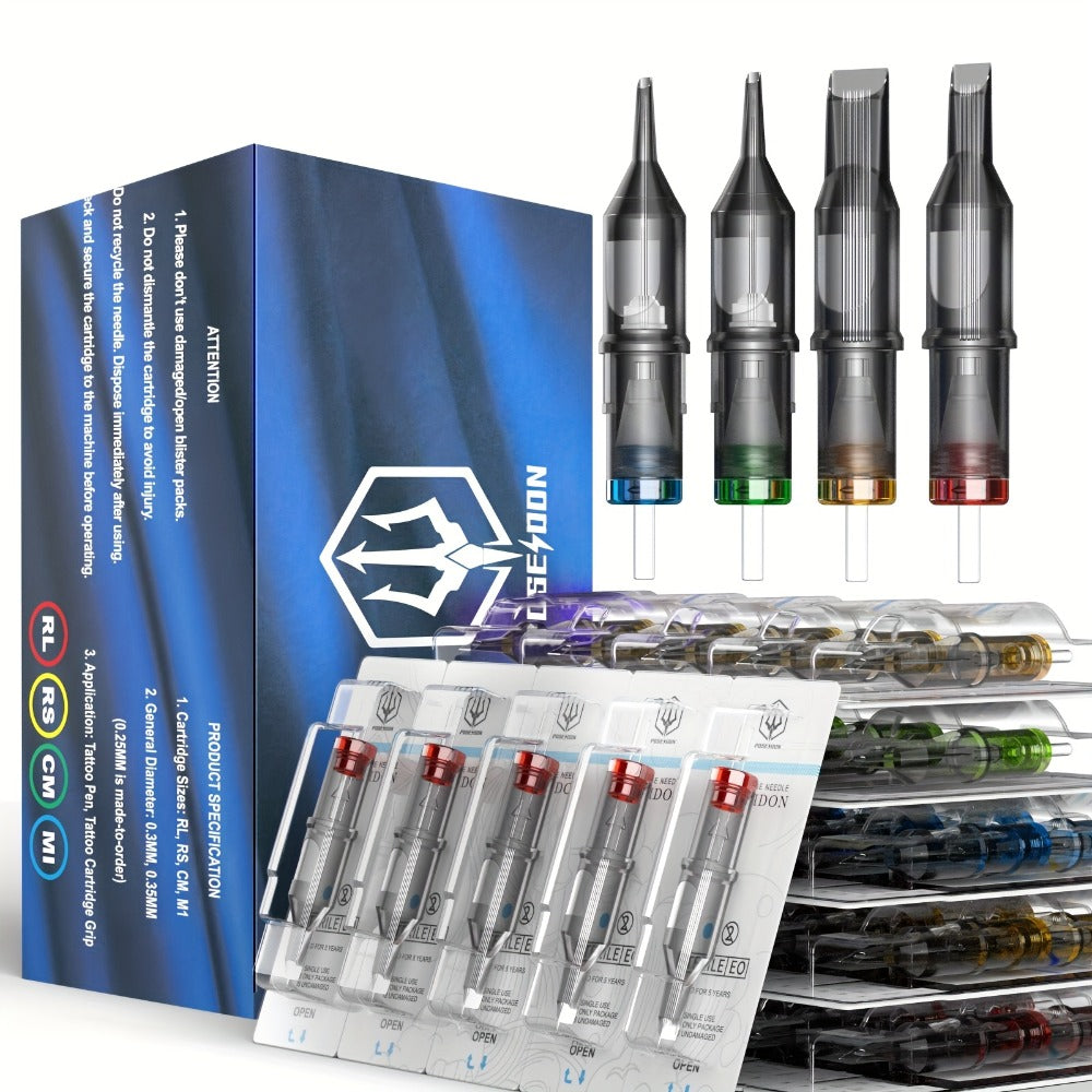 Poseidon Tattoo Cartridge Needles 50pcs Assorted Mixed Size Round Liner 12 Standard 3rl 5rl 7rl 9rl 11rl Disposable Tattoo Needles Long Taper For Makeup