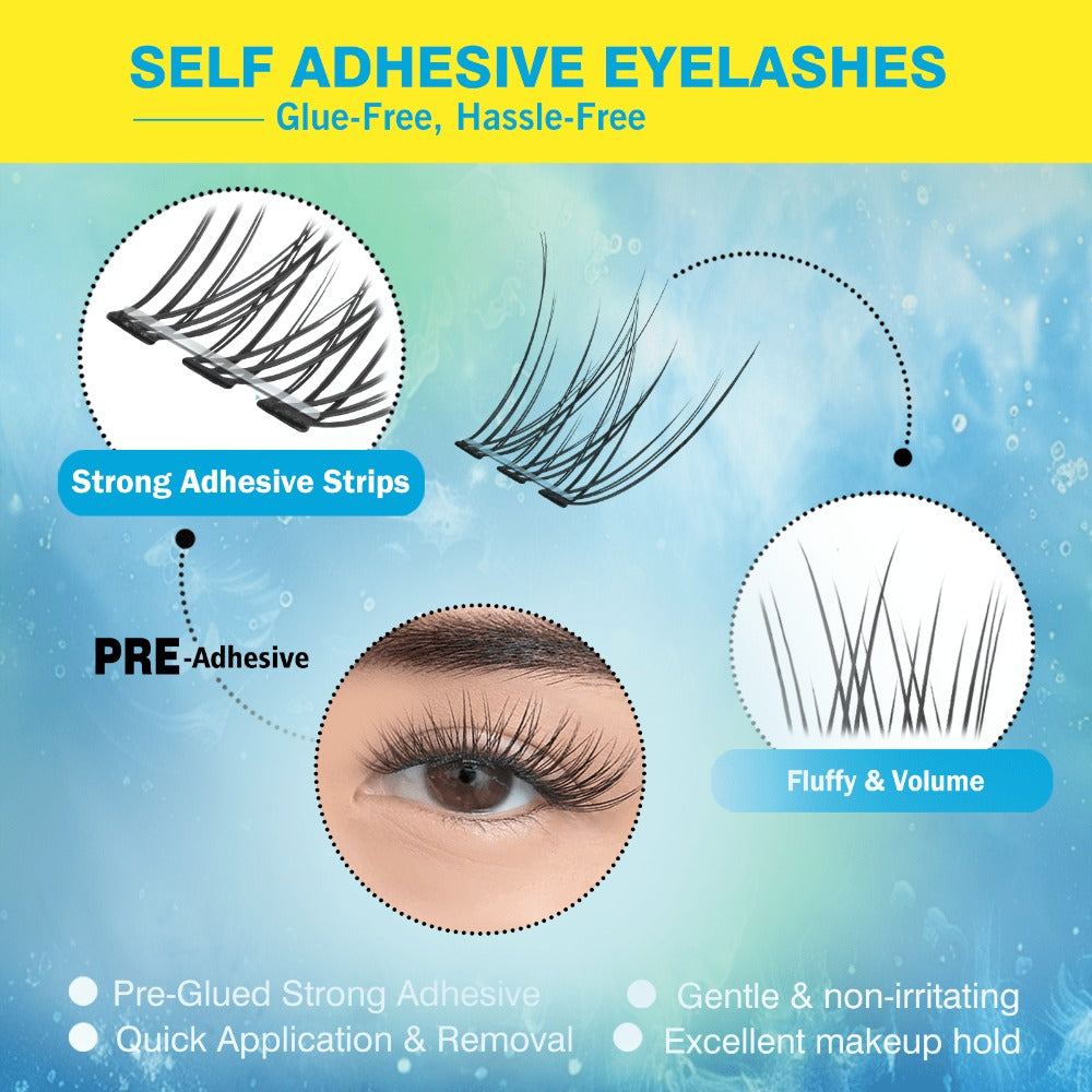 Self Adhesive Lash Clusters No Glue Needed, Lightweight Lashes Clusters Kit, Pre Glued Wispy Cluster Lashes Natural Volume Press On Lashes with 2 Tweezers, Reusable Eyelashes, Beginner Friendly Casual Attire Lashes Fluffy Individual Cluster Eyelashes