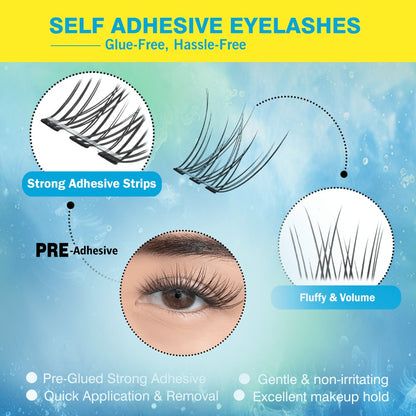 Self-Adhesive Lash Clusters Kit Pre-Glued Wispy Press-On Lashes — No Glue Needed, Natural & Thick Volume, Reusable, Beginner-Friendly, Includes 2 Tweezers, Fluffy Individual Cluster Eyelashes