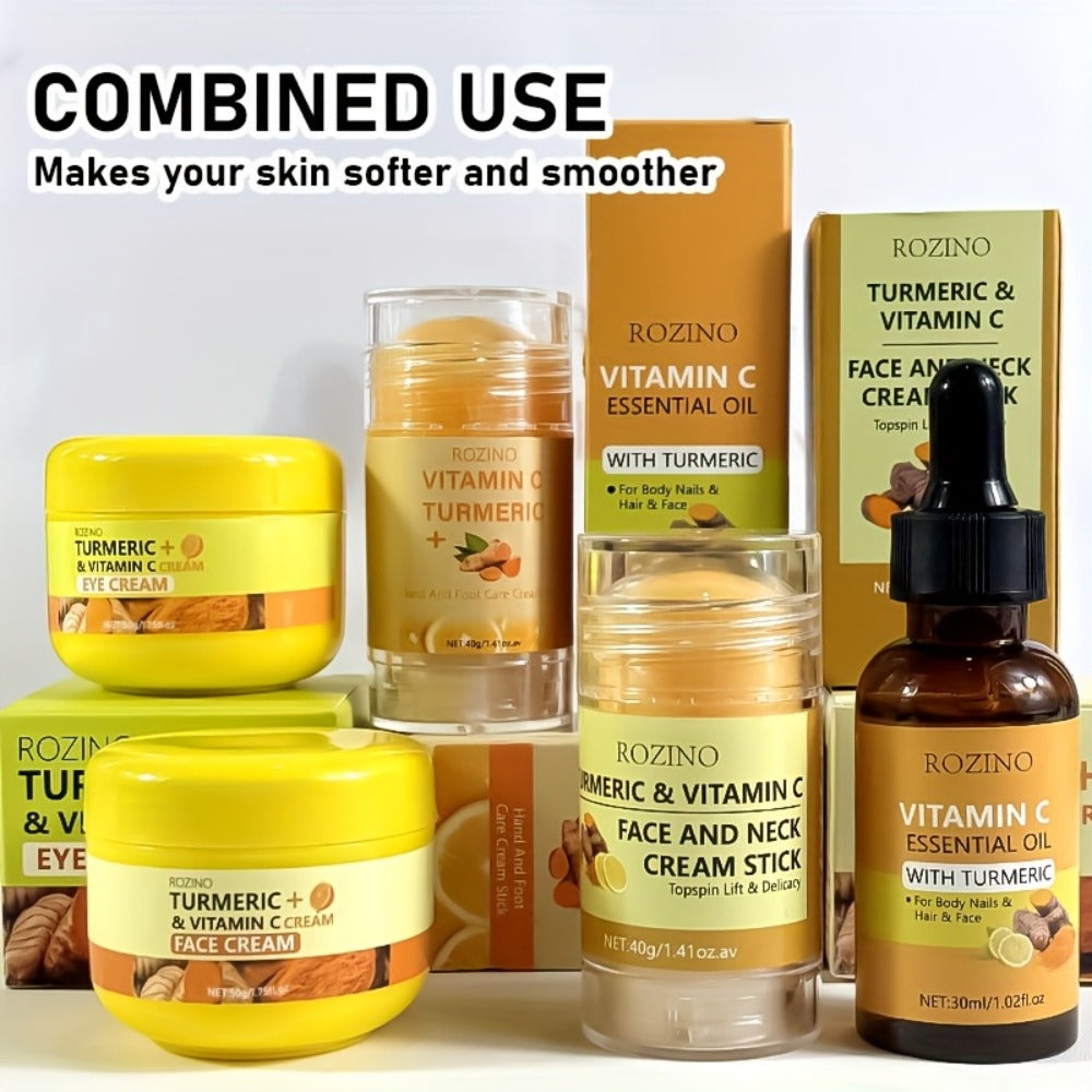 5pcs Turmeric Vitamin C Facial and Hand Foot Care Set, Hydrating Moisturizing Cream with Fine Texture, Instant Hydration, Brightening, Plumping Light Beige, Softens, Smooths, and Balances Light Beige