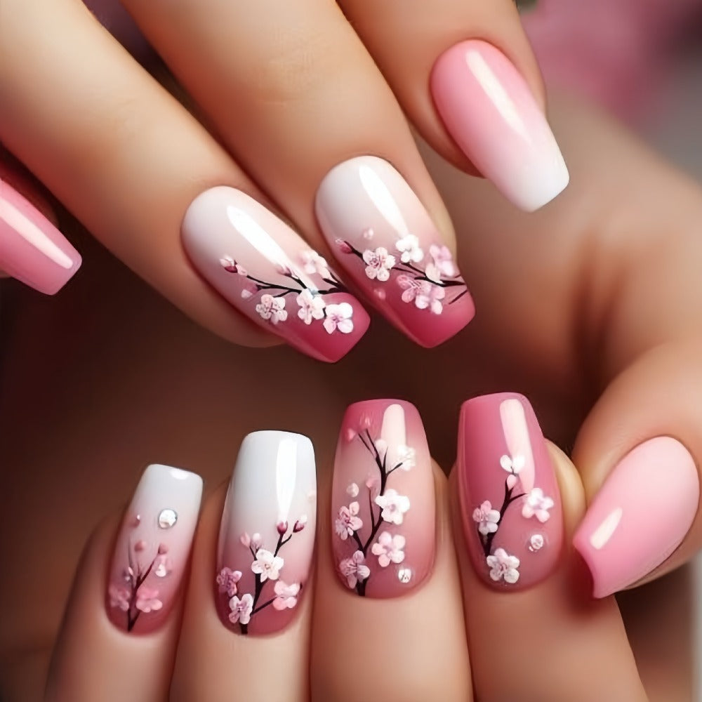 120pcs 5pcs Mixed Color System Nail Art Set, Glossy Finish, Square, Medium Length, Floral and Striped Patterns, Spring/Summer Removable Nail Art Stickers