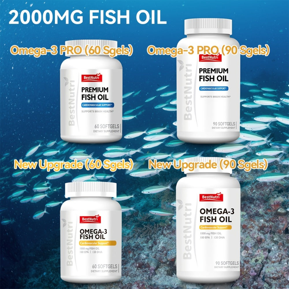 Omega-3 Fish Oil - 2000mg Per Serving, EPA & DHA for Brain Vitality & Heart Health, Cold - Extracted, CGMP, Suitable for Young Adults & Adults - Omega-3 PRO (60 Sgels); Omega-3 PRO (90 Sgels); New Upgrade (60 Sgels); New Upgrade (90 Sgels)