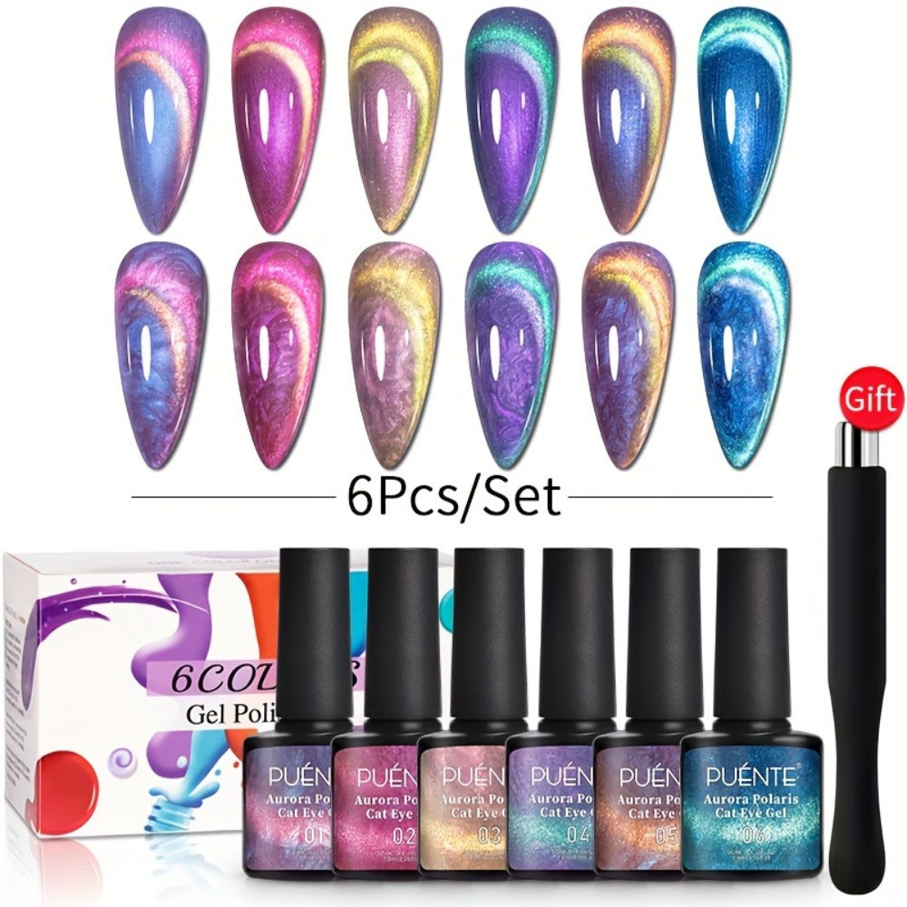 PUENTE 6pcs/set Aurora Shell Thread Cat Magnetic Gel Nail Polish With Magnet Semi-Permanent Nail Art 9D Aurora Glitter Pearl Cat Eye Gel Varnish, Soak Off Light Cured, Manicure Kit For Home Nail Salon Gift For Women