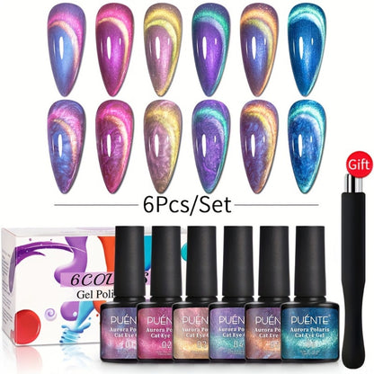 Cat Eye Gel Nail Polish 6Pcs Set Aurora Magnetic 9D Glitter Pearl Shell Effect Semi-Permanent Soak-Off UV LED Gel Varnish Nail Art Kit for Home Salon Manicure Gift for Women
