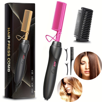 Hot Comb Hair Straightener Electric Ceramic – Portable Travel Anti-Burn Press Comb for Hair & Beard Straightening – Pink, Gold, Black, Gradient, Avocado Green