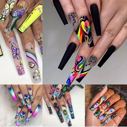 Extra Long Press On Nails 120pcs 5 Boxes Set Cosmic Eyes Crystal Rhinestones Matte Colorful Stripes Floral Pattern Glue-On Wearable Nail Art Festive Gift Set for Women Teens Party Holiday