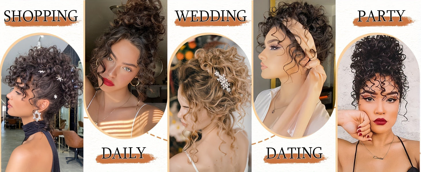 FESHFEN Messy Bun Short Curly Ponytail Extension with Elastic Drawstring, Loose Hair Bun Pieces for Women with Thinning Hair, Made from High-Temperature Synthetic Fiber, Weighing 80G
