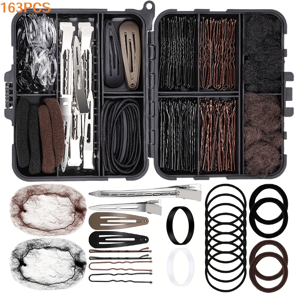 163pcs Hair Ties Clips Nets Styling Kit Girls Dance Hair Additions Portable Hairstyle Tools Dance Competition Performance Styling Pack