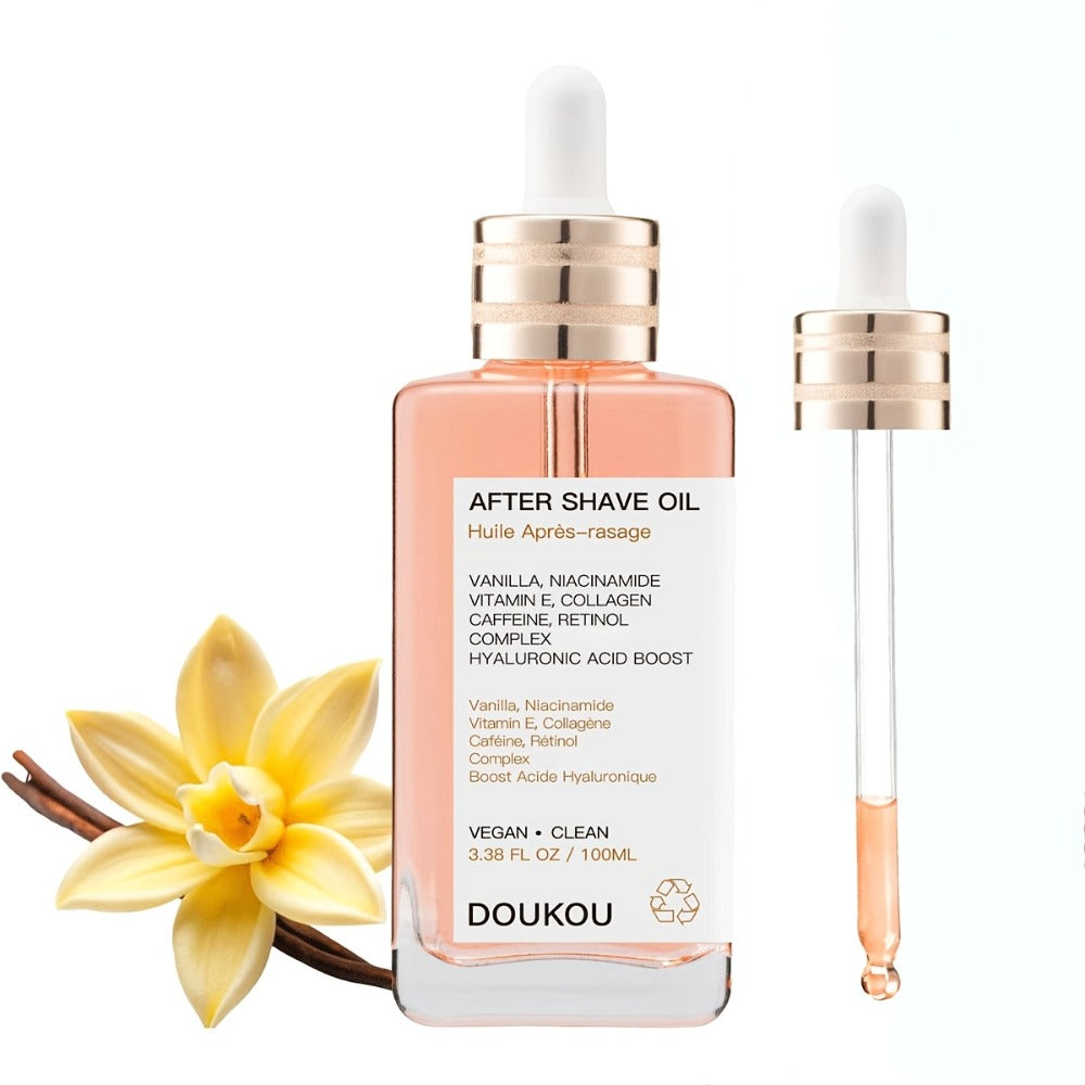 Vanilla Aftershave Oil Enriched with Essential Oils, Featuring Vanilla, Collagen, Vitamin E, Caffeine, Retinol, And Niacinamide. It Provides Hydration, Prevents Ingrown Hairs for a Smooth End, And Is Suitable for Hair And Skin Care, Massage