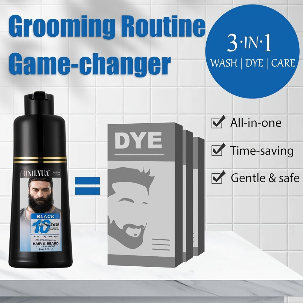Beard Dye Shampoo for Men 2-in-1 Hair & Beard Color Grey Coverage in 5-20 Minutes - Argan Oil No-Mix Long-Lasting Natural Color Formula 6.76 oz for Beard Mustache Goatee