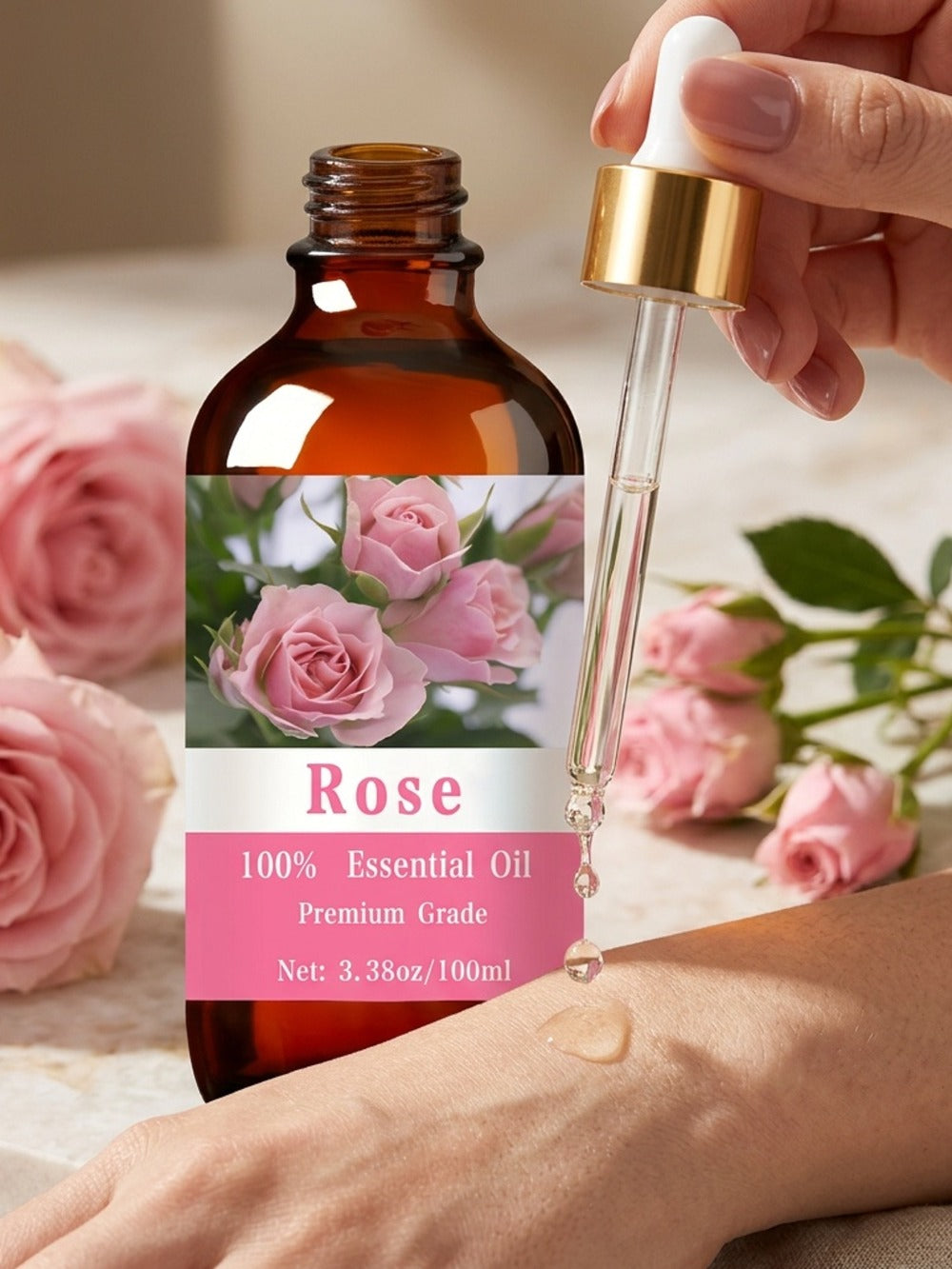 Rose Essential Oil, 100ml/3.38fl.oz, 100% Pure Care Grade for Nail, Hair & Skin Care, Massage, Moisturizing Massage Essential Oil for Men & Women, Meditation Gift, Perfect Christmas Gift