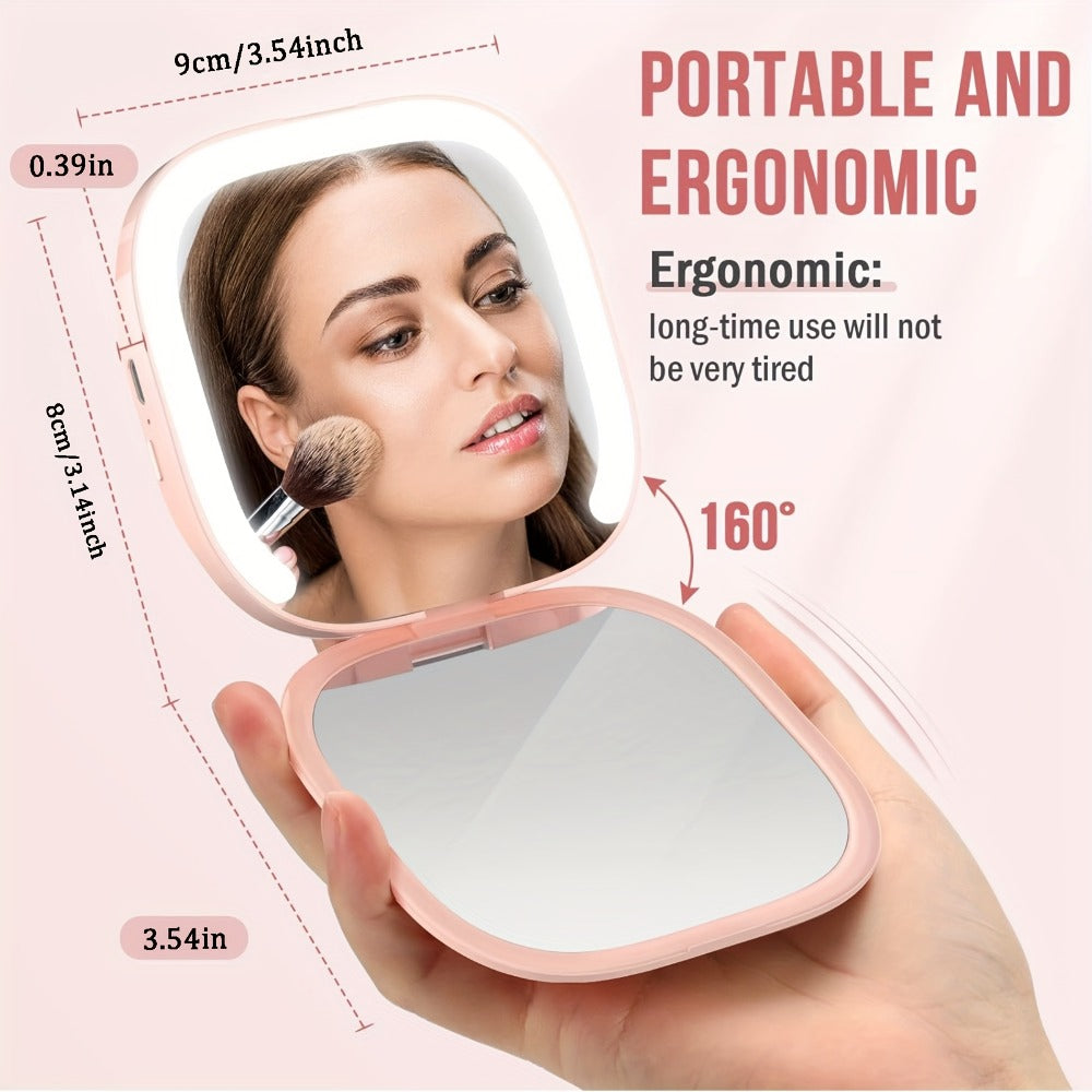 Two-Sided Magnifying Mirror with LED Lights, Featuring Three Brightness Levels, USB Charging, a Foldable And Portable Design, a Polished Plastic Frame, And an Animal Theme, Ideal for Makeup And Travel