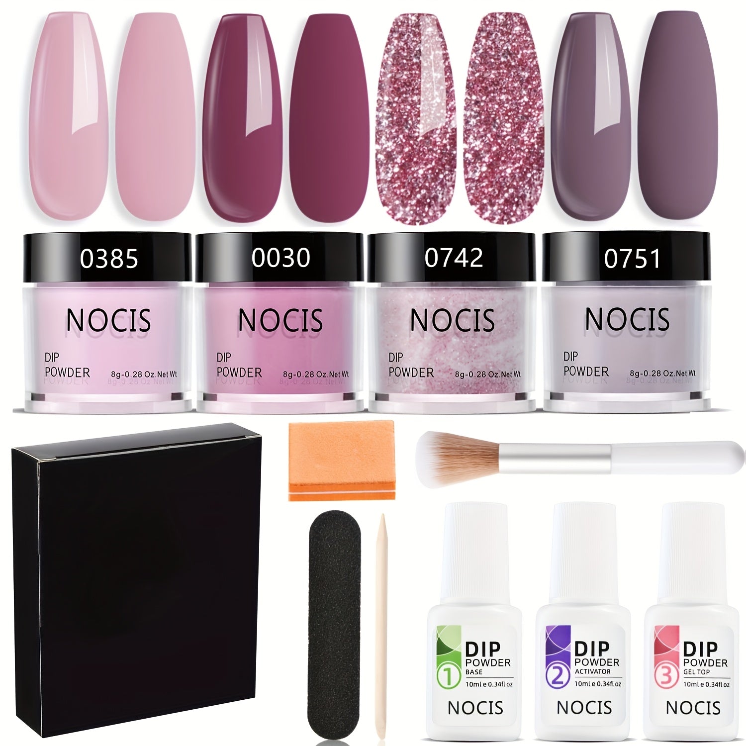 NOCIS Dip Powder Nail Kit Starter, 4 Colors Nude Pinkish Glitters Acrylic Dipping Powder System Liquid Set with Base/Top Coat Activator for French Nail Art Manicure Salon All-in-One Beginner Extension Kit