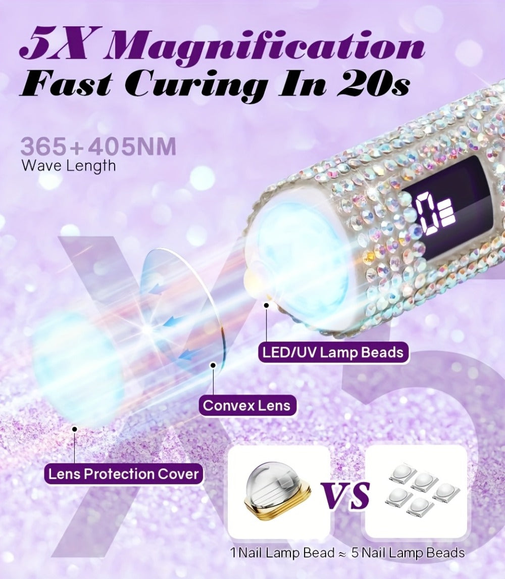 Portable Rhinestone Mini/LED Nail Lamp - USB Rechargeable Single Finger Gel Curing Light with Digital Display, 40-Min Runtime, Compact Travel-Friendly Design for Quick-Dry Nail Art, White, Nail Light, Durable Plastic, DIY Manicure