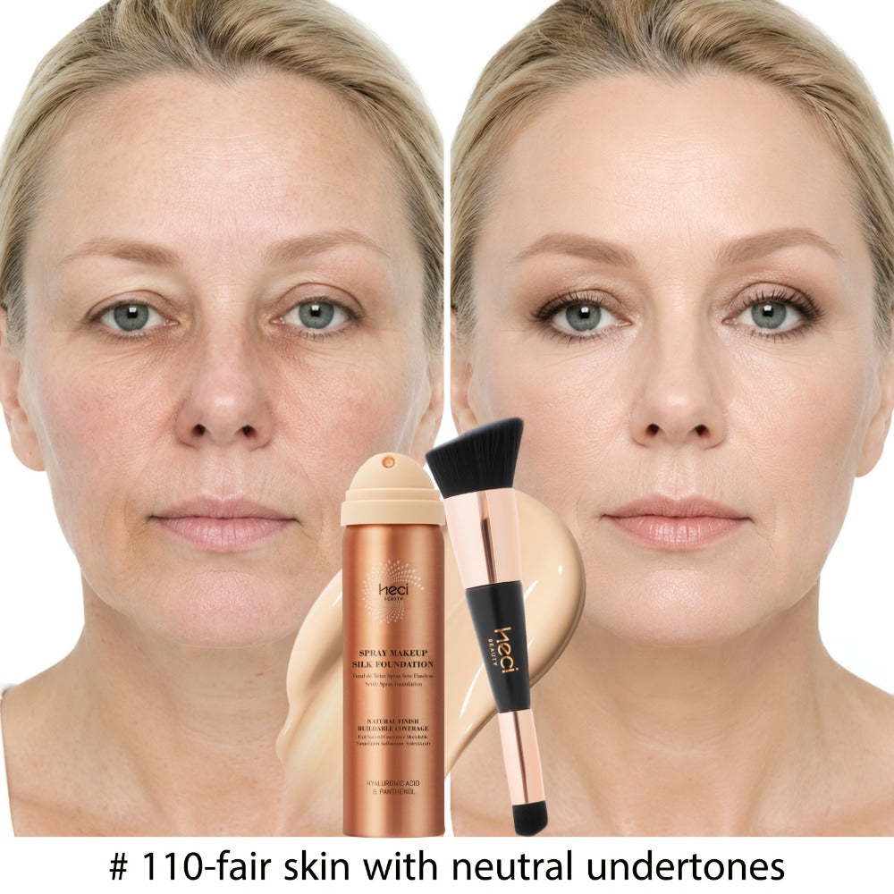 Liquid Foundation Spray with Brush 2PCS Matte Finish Panthenol & Hyaluronic Acid for Sensitive Dry Mature Skin Non-Sticky Natural Flawless Coverage Women