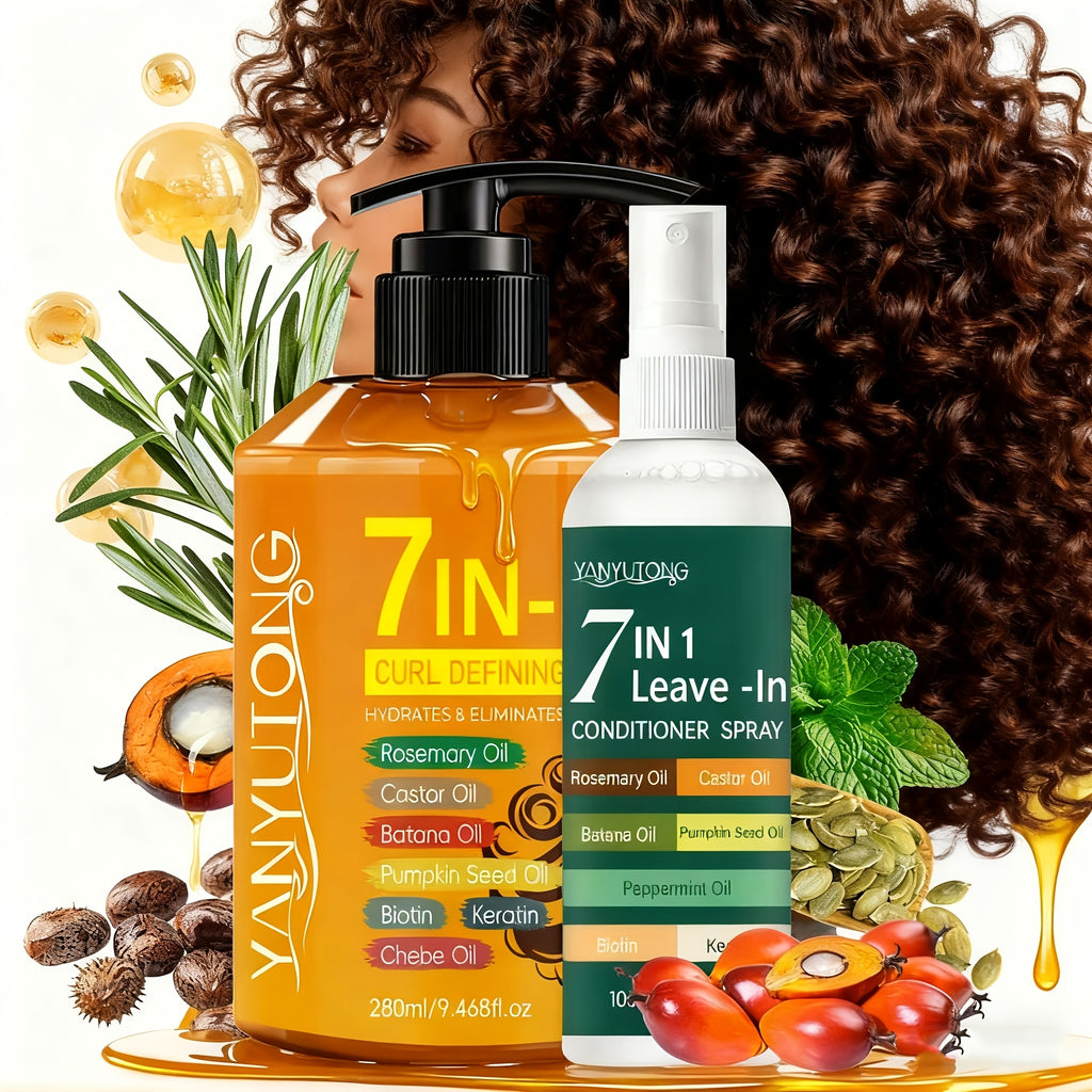 [2-Pack]Upgraded 7-in-1 Hair Styling Cream 9.47oz + 7-in-1 Fragrance Leave-in Hair Spray 3.38oz - with Rosemary/Castor/Batana/Pumpkin Seed Oils, No-rinse Anti-frizz for Lasting Moisture, Voluminous Curls & All Hair Types (Long-lasting Scent)