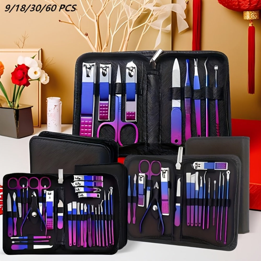 9/18/30/60pcs Manicure Set | Gradient Purple-Blue, Black, Pink, Dark Green Options | Professional Nail Clipper & Pedicure Kit | Portable Travel Grooming Tools For Cuticle Trimming & Nail Care | Ideal Valentine'S Day & Spring Festival Gift For Her