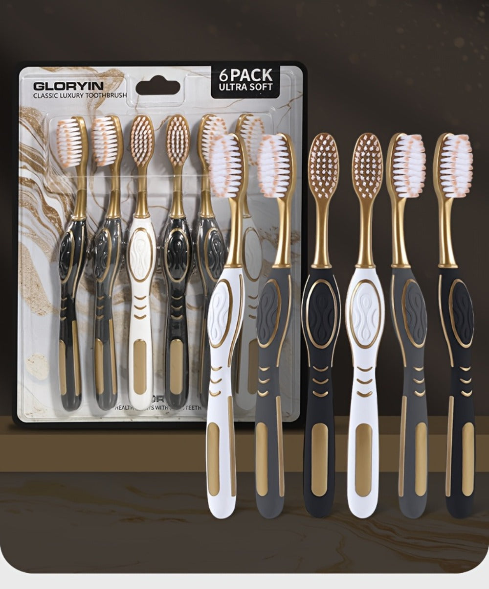 GLORYIN [6pcs Travel Set] [6pcs Travel Set X 2] White Platinum Series Olive-shaped Anti-slip Handle Travel Essential Household, Adult, Couple, Soft Bristle Toothbrush.