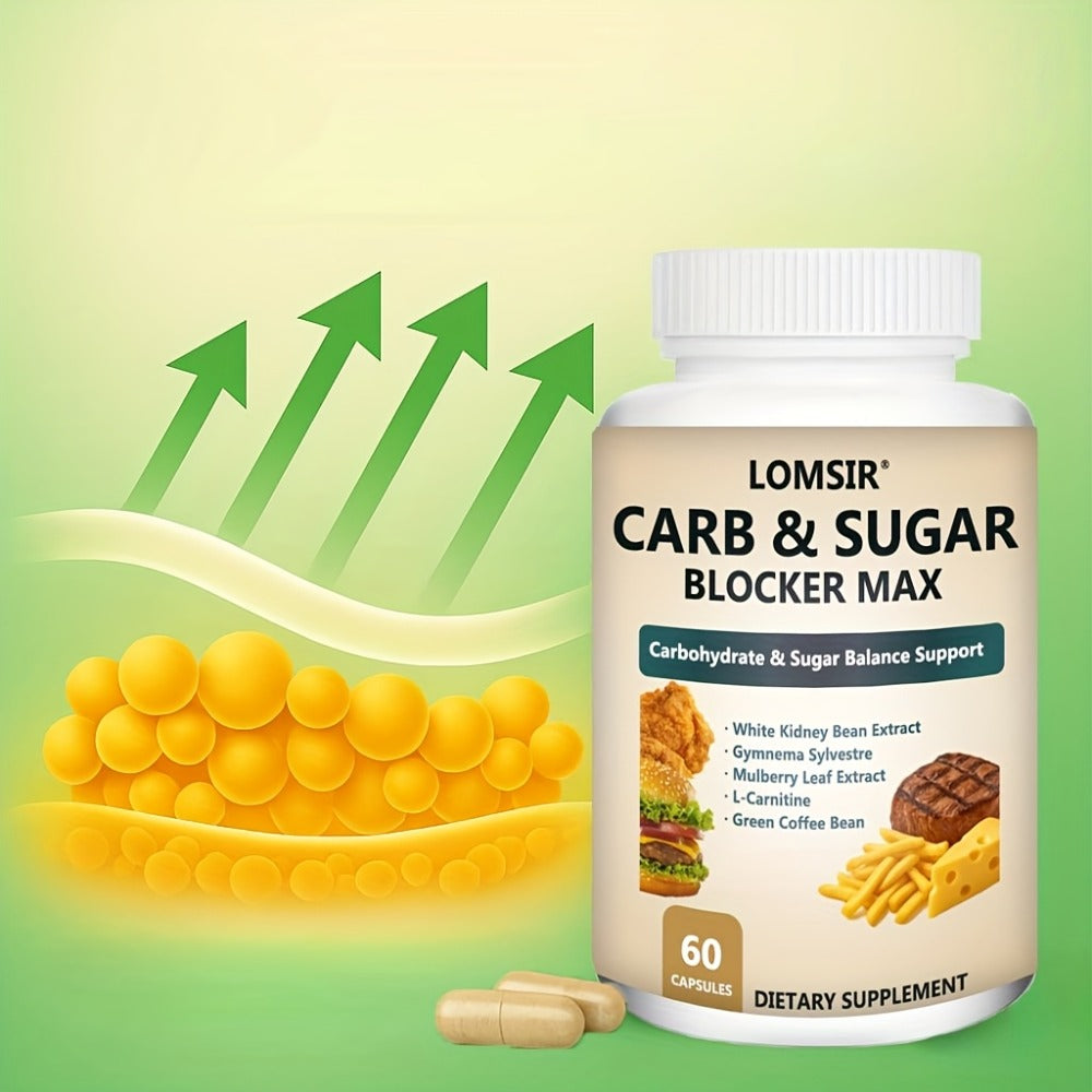 Carb And Sugar Blocker Max with White Kidney Bean Gymnema Sylvestre Mulberry Leaf L-Carnitine Carbohydrate And Sugar Balance Support Suitable for Men And Women - 60 Capsules