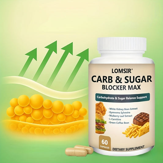 Carb And Sugar Blocker Max with White Kidney Bean Gymnema Sylvestre Mulberry Leaf L-Carnitine Carbohydrate And Sugar Balance Support Suitable for Men And Women - 60 Capsules
