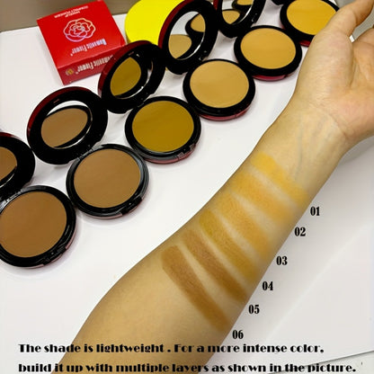 Contour & Foundation Powder Palette 6 Shades Matte Full Coverage Oil Control Waterproof Blush Bronzer Highlighter with Blending Puff Light to Dark Natural Finish
