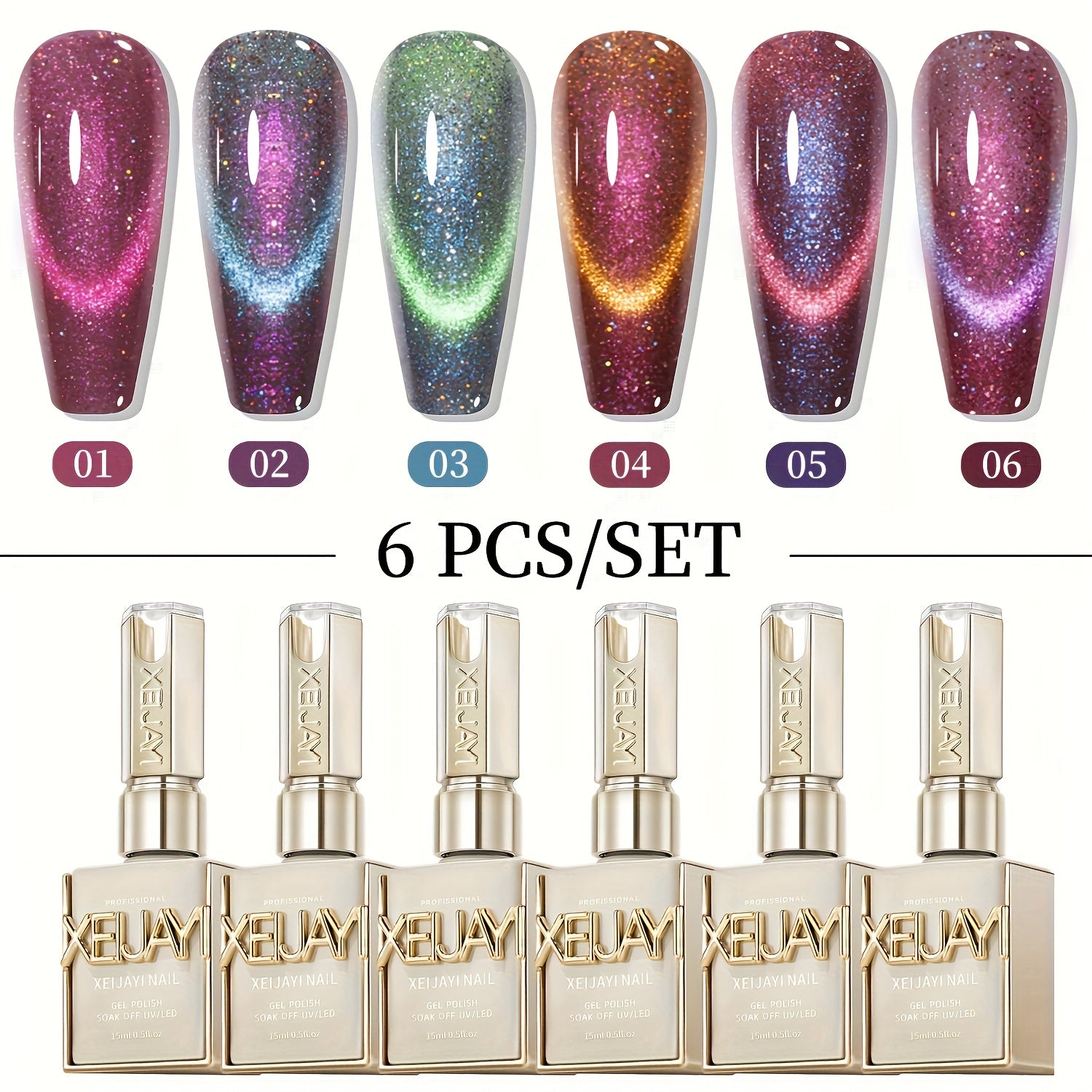 Cat Eye Nail Polish Set 6Colors 0.51oz Reflective Cat'S Eye Nail Gel Soaking LED Gel Salon Female Nail Art Tools Fashion Holographic Nail Art