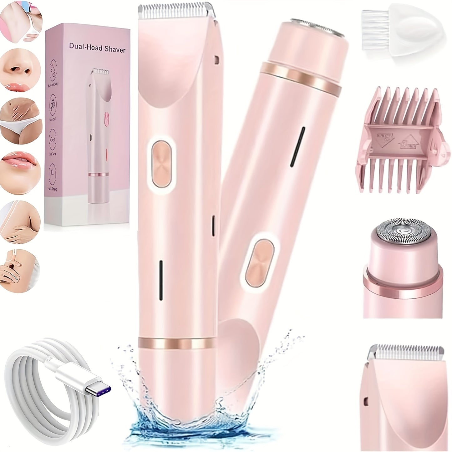 Electric Hair Removal Shaver 2-in-1 Dual Head - USB Rechargeable Epilator with Stainless Steel Blades for Face Body Legs Bikini Line Underarms & Intimate Areas - Women's Cordless Shaver Pink Purple Blue