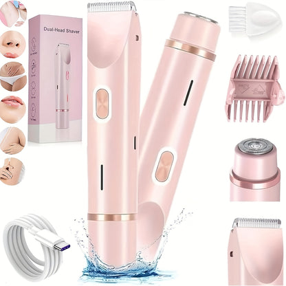 Electric Hair Removal Shaver 2-in-1 Dual Head - USB Rechargeable Epilator with Stainless Steel Blades for Face Body Legs Bikini Line Underarms & Intimate Areas - Women's Cordless Shaver Pink Purple Blue