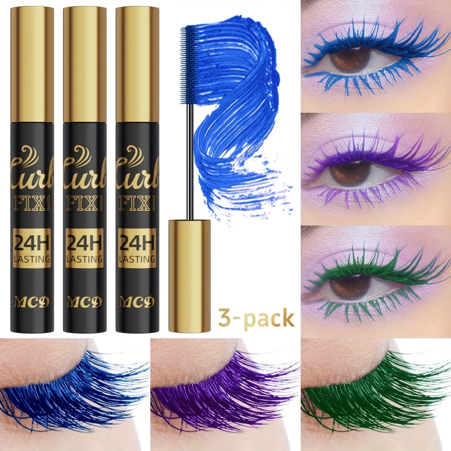 Mascara Set 3-Piece Colorful Bright Shades with Eyebrow Pencil, Eyeshadow Pencil & Waterproof Eyeliner - Long-Lasting Curled Effect Eye Makeup Kit for Everyday, Clubbing & Party Looks