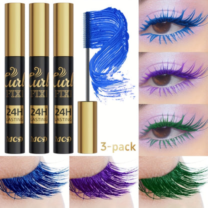 Mascara Set 3-Piece Colorful Bright Shades with Eyebrow Pencil, Eyeshadow Pencil & Waterproof Eyeliner - Long-Lasting Curled Effect Eye Makeup Kit for Everyday, Clubbing & Party Looks