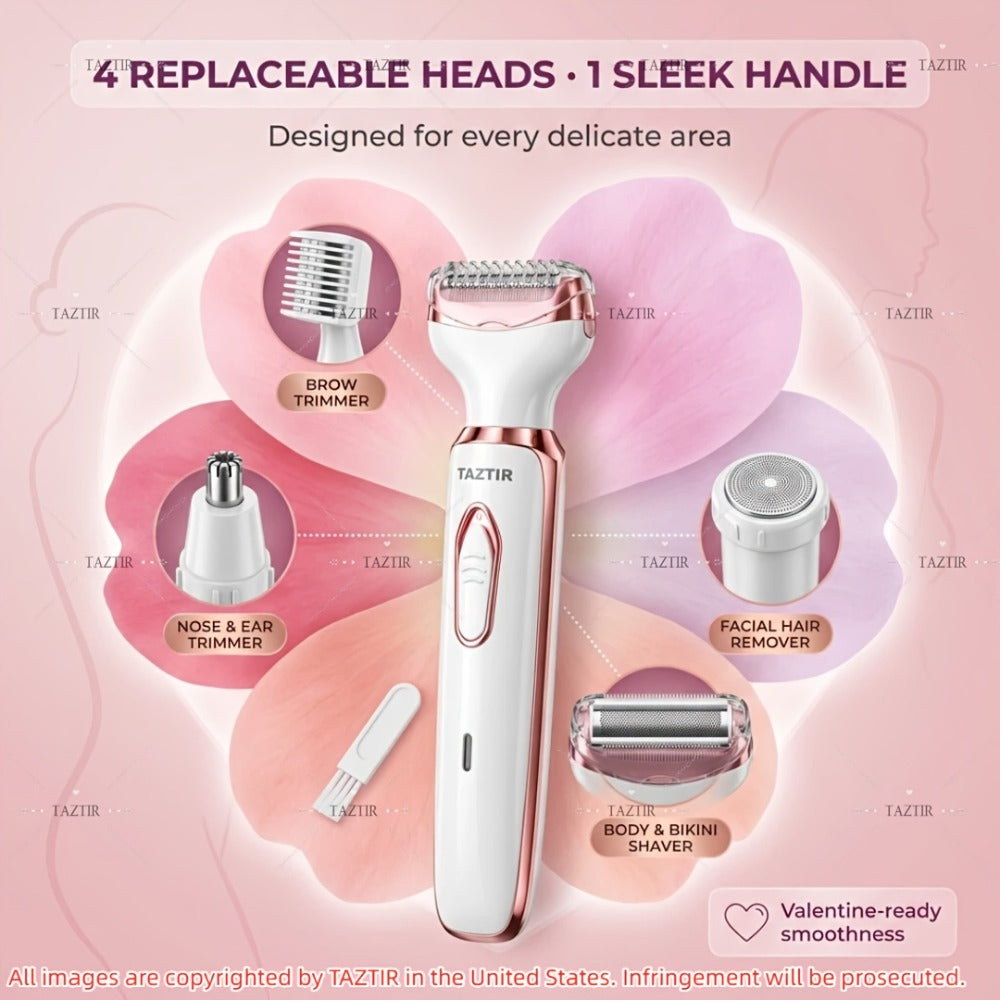 [4-in-1 Painless Razor for Women] 4-in-1 Rechargeable Electric Razor for Women - Face, Nose, Legs, Underarm, Bikini Trimmer - Wet & Dry, Painless Grooming Kit - Portable & Rechargeable