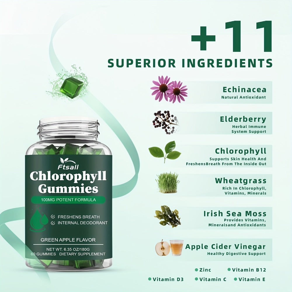 Ftsall Chlorophyll Gummies with Vitamin C, D3, E, B12, Zinc And Irish Sea Moss, Sambucus Elderberry, Echinacea, Apple Cider Vinegar, Freshens Breath Natural Body Deodorizing Supplement, Chlorophyll Herbal Gummies for Women Men Apple Flavor 60 Count