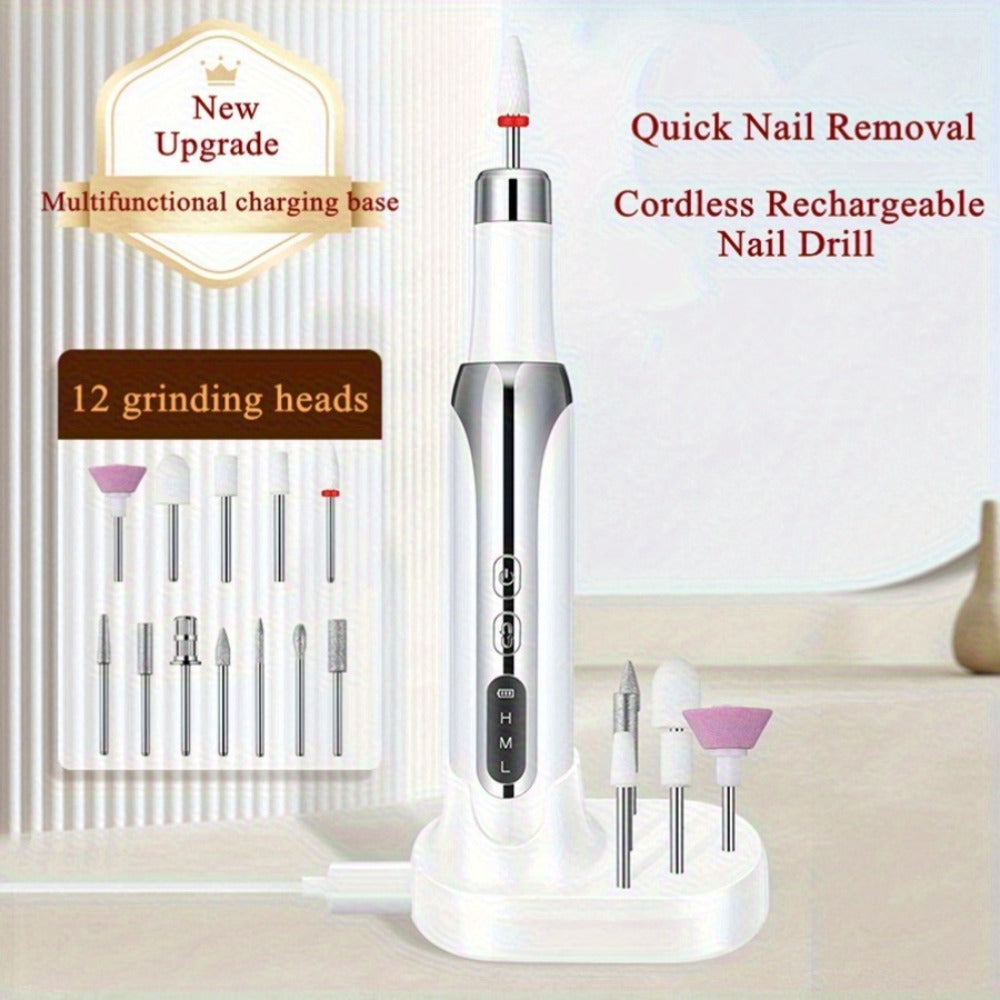 Electric Nail Drill, Cordless Nail Drill, Electric Nail File, USB Rechargeable Portable Nail Drill for Manicure Pedicure And Polishing, with 12 Nail Drill Bits And Sanding Bands, White