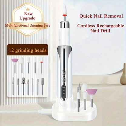 Cordless Electric Nail Drill USB Rechargeable Portable Nail File for Manicure Pedicure Polishing with 12 Nail Drill Bits and Sanding Bands Beginner Professional Home Salon Golden White