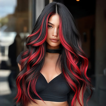 Long Straight Wig with Bangs Synthetic 24 Inch Red Highlights A-Shape Bangs Heat Resistant Rose Net Cap Wig for Women Daily Wear Party Cosplay Flowing Hair