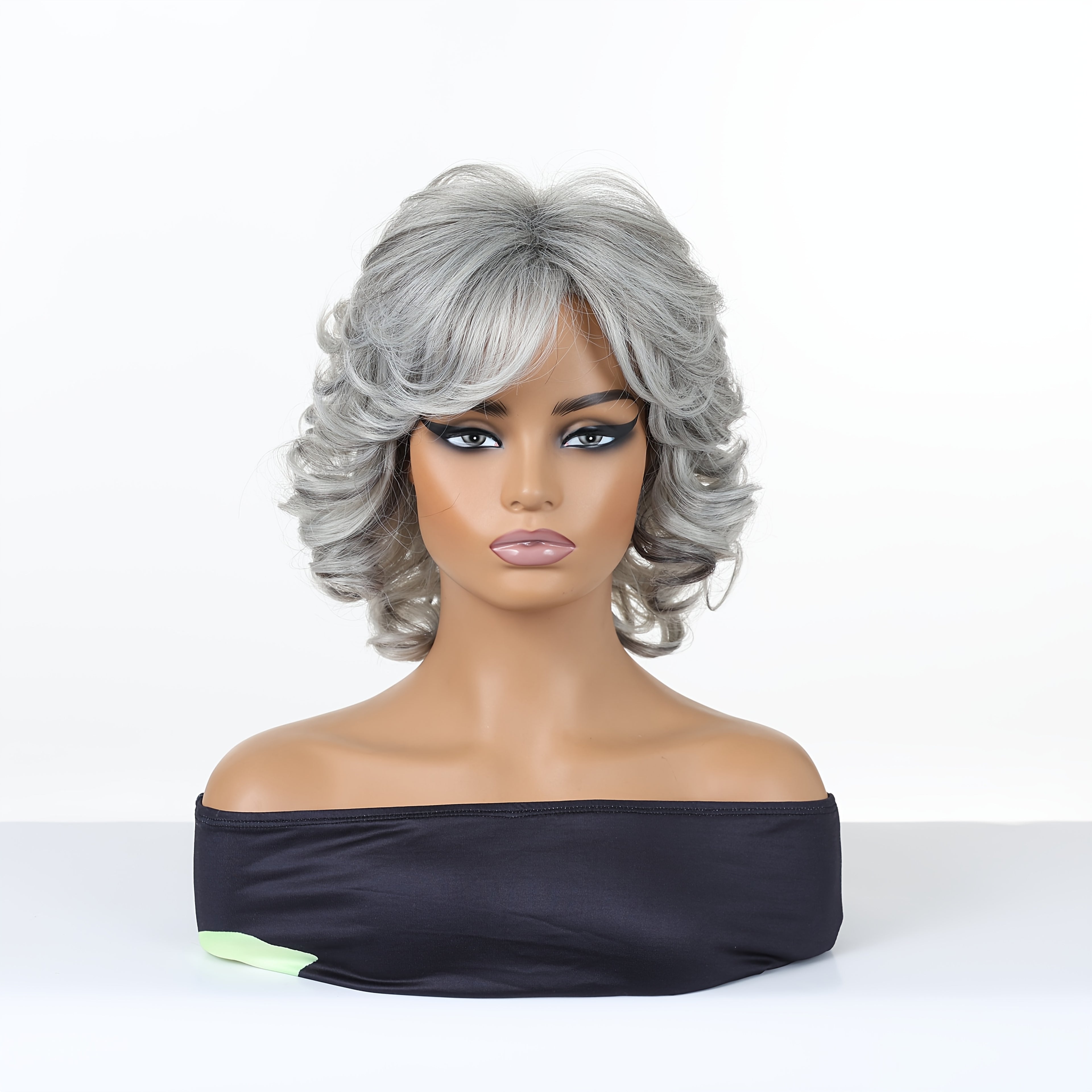 12-inch Women's Elegant Gray Bangs Curly Wig, Synthetic Fiber Wig with Rose Hair Net And High-Temperature Fibers Perfect for Cosplay, Parties, Halloween, Celebrations, And Casual Attire, Versatile for Any Occasion