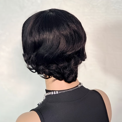 Pixie Cut Wig Human Hair with Bangs — Glueless Short Brazilian Layered Machine Made Throw-On-and-Go Hairpiece, Natural Black & Brown Colors for Women Daily Wear