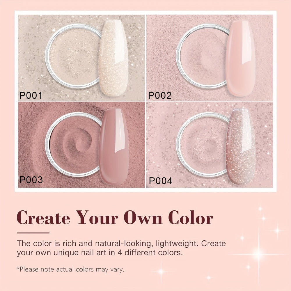 Dip Powder Nail Kit for Beginners 4 Nude Shimmer Colors with Base Coat Top Coat Activator Complete Nail System Home Salon DIY Nail Designs