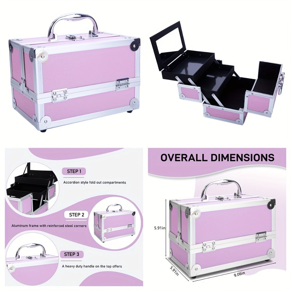 4 Tier Lockable Cosmetic Makeup Train Case with Extendable Trays for Lab Pink