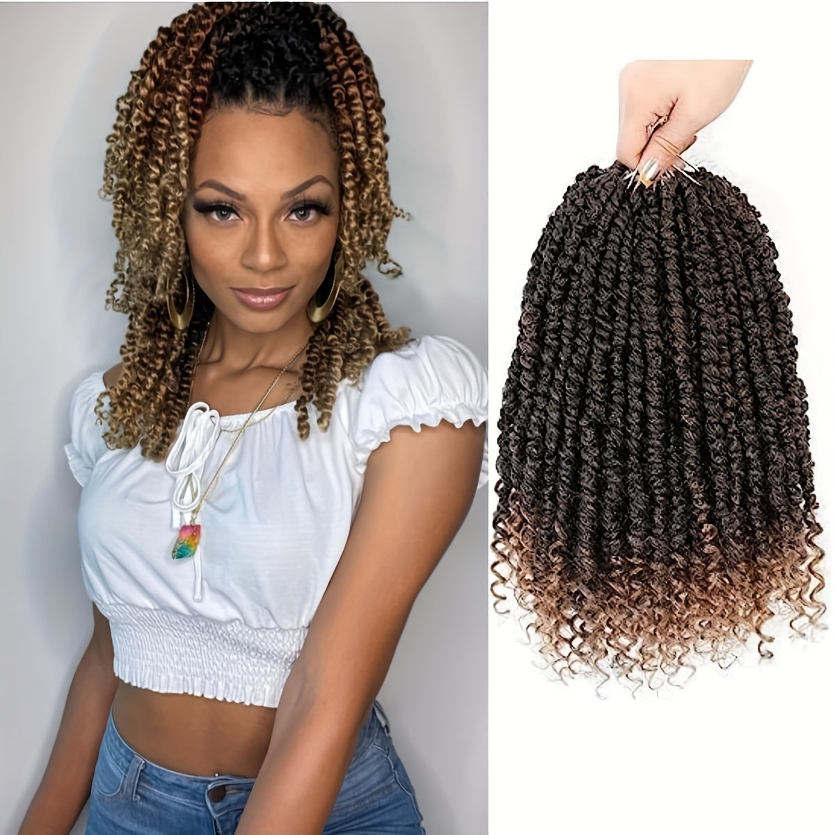 Passion Twist Crochet Hair 8 Packs Pre-Twisted Pre-Looped Curly Ends Bohemian Short Twist Braids Women 8-12 Inch 1B Natural Black Honey Blonde Auburn Burgundy Copper