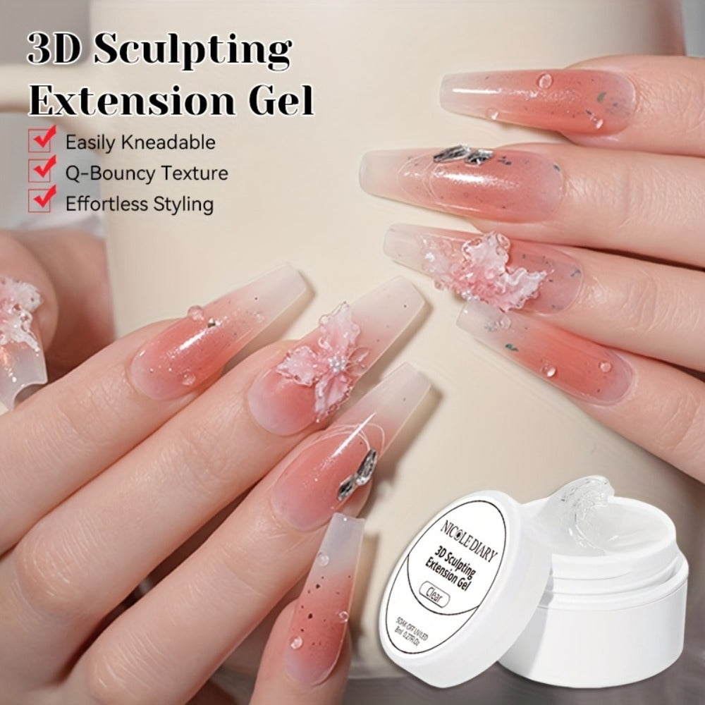 NICOLE DIARY 2pcs/3pcs 3D Carving Nail Gel Polish with Carving Pen White Clear 3D Sculpting Flower Gel Extension Gel Nail Nail Art Carving Gel Modeling Gel Nail Polish Manicure Nail Salon Home Use