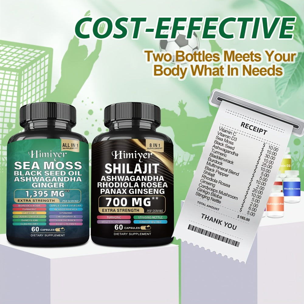 6pcs-Three-month Package-Sea Moss 350mg, Black Seed Oil 200mg, Ashwagandha 100mg, Ginger & Shilajit Pure Himalaya 300 Mg, Rhodiola Rosea 100mg, Panax Ginseng 50mg, All In 1 Supplements